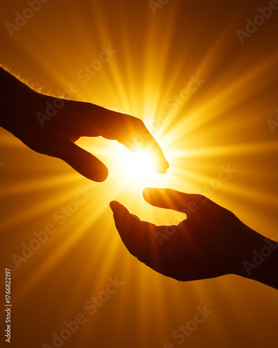 two hands reaching towards each other, with the sun shining between them