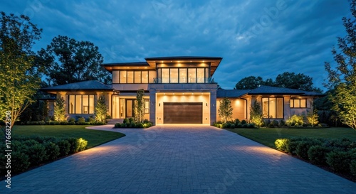 Illuminated modern home at twilight with manicured lawn, stone facade, and dark sky