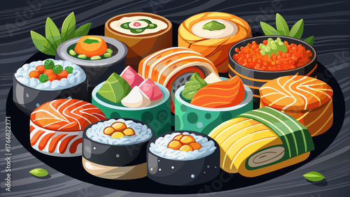 Very beautiful, delicious sushi rolls on a black stone background, Japanese cuisine, gourmet seafood, elegant presentation, artistic arrangement, fresh ingredients, and traditional Asian culinary 