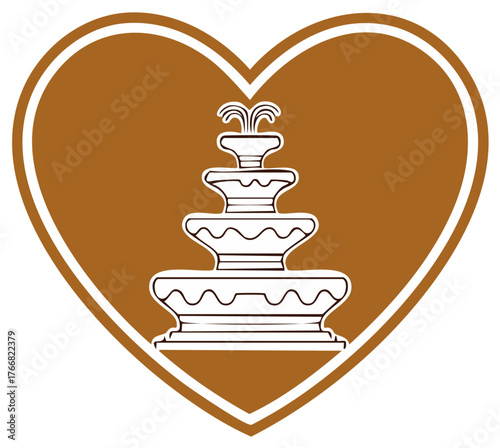 Decorative water fountain drawing inside golden heart, love celebration design element for graphic design, illustration and art