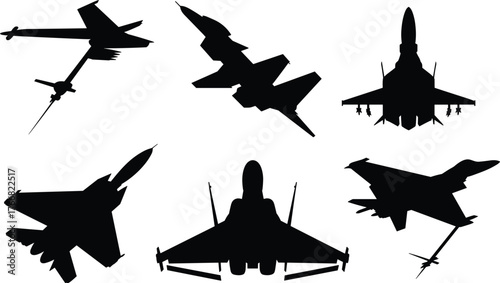 Set of Six Black Fighter Jet Silhouettes in Various Designs for Military Aircraft, Aviation, Aerospace, Warplane, and Vector Use