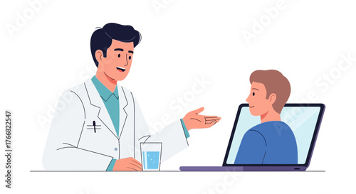 Caring doctor offering telemedicine consultation to patient on laptop, providing online medical advice and support during remote healthcare appointment
