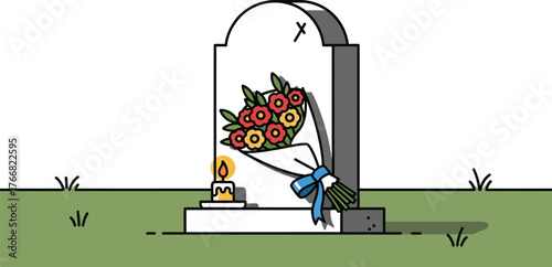 Vector art of grave with flowers and candle illustration on green grass background