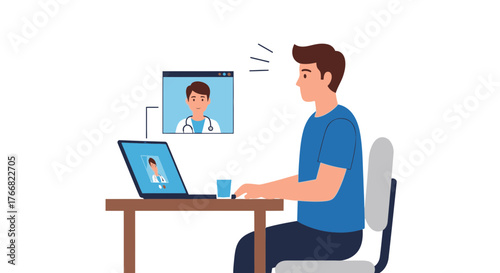 Man consults with doctor online via laptop, embracing modern telemedicine for convenient healthcare solutions and remote patient care.