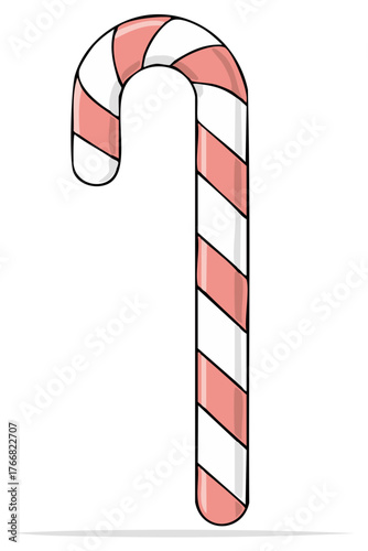 Festive candy cane with pink and white diagonal stripes, traditional holiday treat