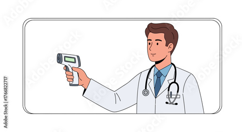 Confident doctor using contactless thermometer for health screening, ensuring patient safety with modern medical technology