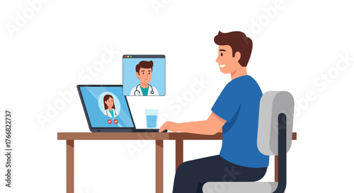 Man consults with doctor via video call, embracing convenient telemedicine for healthcare access and medical advice from home.