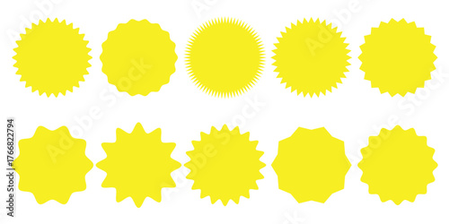Set of yellow starburst. Price sticker, sale sticker, price tag, starburst, quality mark, retro stars, sale. Circle sticker set. Wavy edge promo yellow badges.