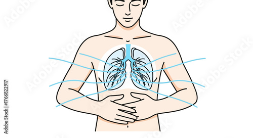 Man practicing deep breathing, visualizing air flow into lungs for health and wellness, ideal for medical and fitness content