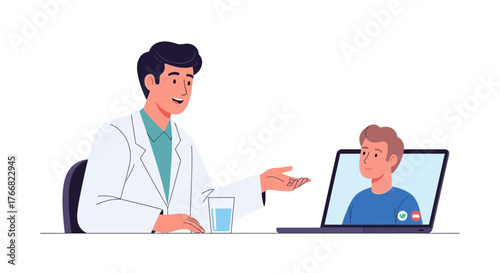 Friendly doctor consults with patient remotely, offering modern healthcare solutions and accessible medical advice via video call for well-being.