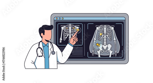 Expert doctor analyzes skeletal X-rays on screen, highlighting joint health and medical diagnosis for innovative healthcare presentations