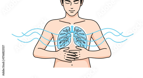 Calm person breathes deeply visualizing healthy lungs, promoting wellness and mindful living with clear air flow.