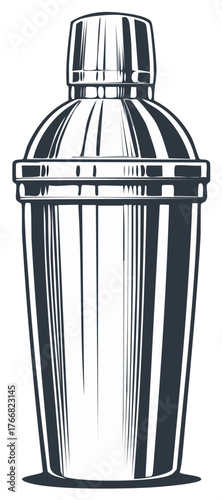 Illustration of metal cocktail shaker for mixed drinks. Bartender tool.