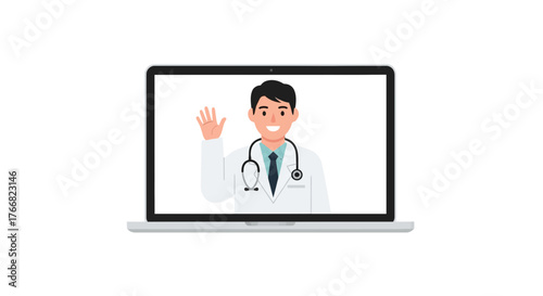 Friendly doctor waving hello on a laptop screen, offering virtual medical consultation and telehealth services with a warm smile.