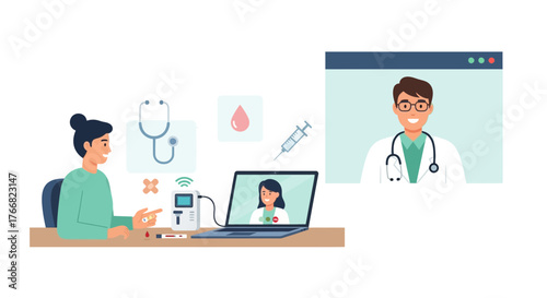 Patient consults doctor remotely via video call for health monitoring and medical advice, embracing modern healthcare solutions and wellness.