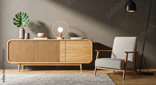Interior scene of a modern living room with wooden furniture and soft lighting