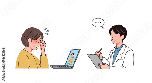 Woman feeling unwell consults doctor via video call, receiving attentive care and medical advice remotely