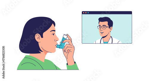 Woman uses inhaler during virtual doctor consultation, receiving medical advice for respiratory health and asthma management