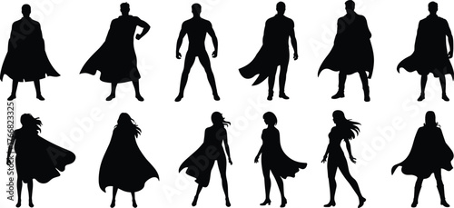 Set of Ten Superhero Silhouettes in Dynamic Poses with Capes for Power, Action, Heroism, Strength, Costume, and Vector Design Use