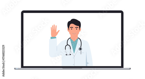 Friendly doctor waves hello on laptop screen offering virtual healthcare consultation and telemedicine services for modern convenience