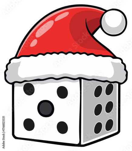 Dice wearing Santa hat celebrating Christmas season holidays