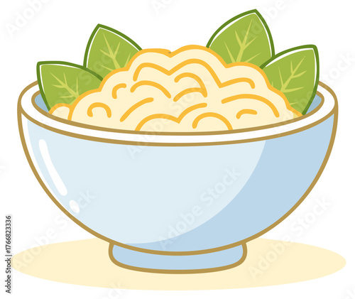 Bowl of creamy pasta with spinach leaves, cartoon vector illustration of delicious pasta dish