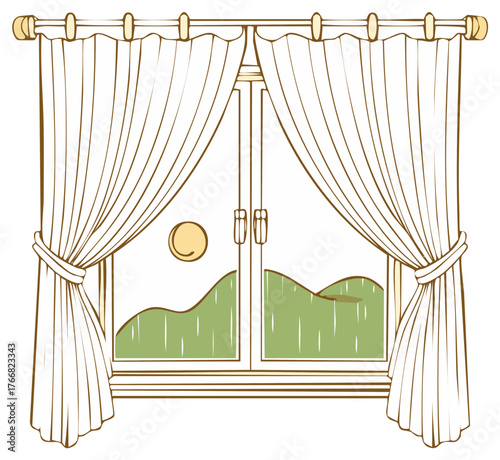 Open curtains reveal a sunny landscape with rolling green hills and a bright yellow sun