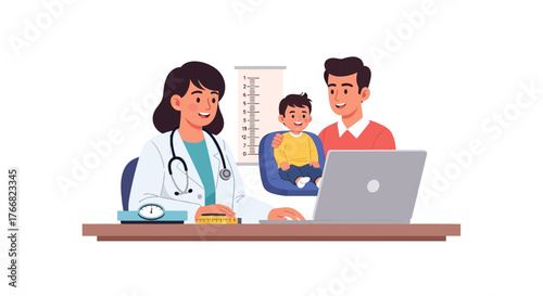 Caring pediatrician consults with happy father and child, promoting healthy growth and wellness checkups in a professional medical setting.