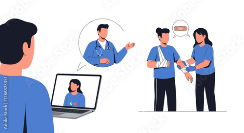 Patient receives remote medical consultation, doctor advises on injury care, fostering digital health convenience and patient well-being.