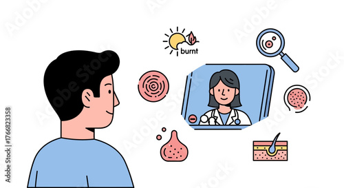Patient consults with dermatologist online for skin concerns, discussing sun damage and hair follicle health with medical expertise.