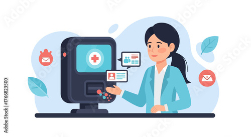 Professional healthcare provider interacts with digital patient records on advanced medical computer interface