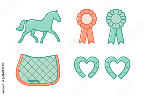 Equestrian sport icons set featuring horse silhouette, prize ribbons, saddle pad, and horseshoes