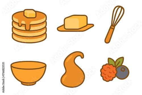 Set of breakfast food items including pancakes, syrup, butter, whisk, bowl, and fresh berries