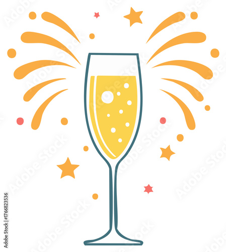 Bubbly champagne flute with festive stars and bursting confetti celebrating a happy event