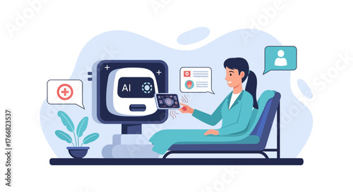 Confident medical professional utilizing advanced AI technology for patient diagnostics with innovative medical equipment