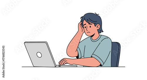 Frustrated young person struggling with laptop computer work feeling overwhelmed by tasks and deadlines in a modern setting