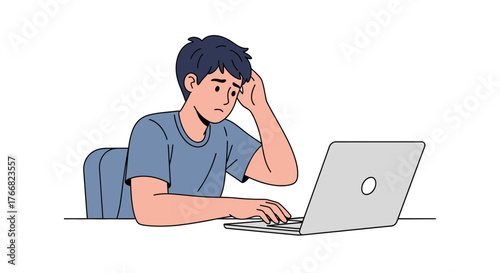 Frustrated young man struggling with complex computer task, feeling overwhelmed by digital work challenges and deadlines, seeking solutions online.