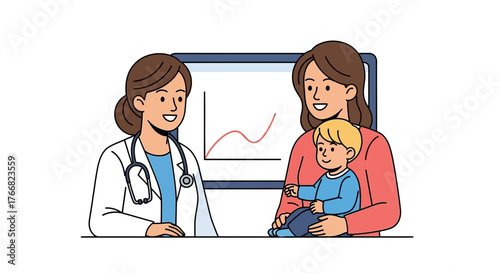 Caring doctor consults with happy mother and child, presenting positive health growth on screen