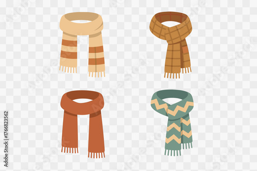 Four cozy winter scarves featuring various patterns, including stripes, plaid, and chevron, in warm colors