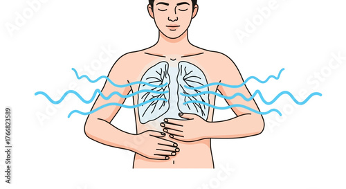 Person calmly practicing deep breathing exercise showing lungs expanding with gentle air waves for wellness and health awareness