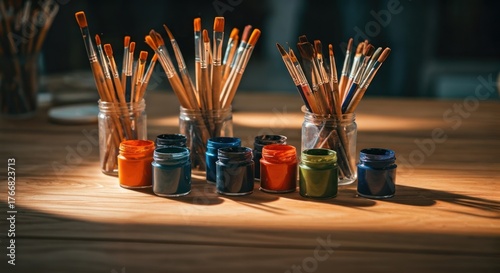 Jars of various paintbrushes stand beside colorful paint pots on a wood table, well-lit