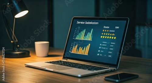 Laptop on a desk displays service satisfaction charts and reviews, under a warm lamp