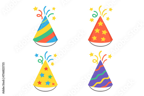 Four colorful party hats with stripes stars and waves for celebration and birthdays