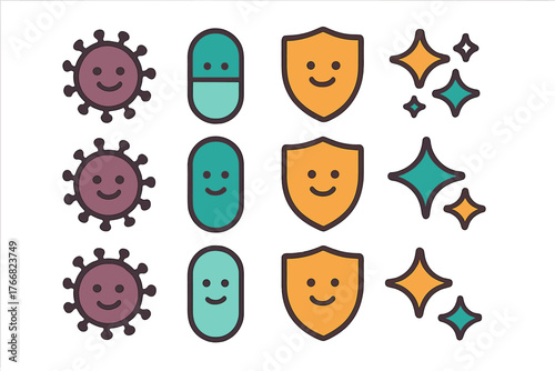 Friendly health and hygiene symbols set featuring smiling virus microbes, capsules, shields, and stars