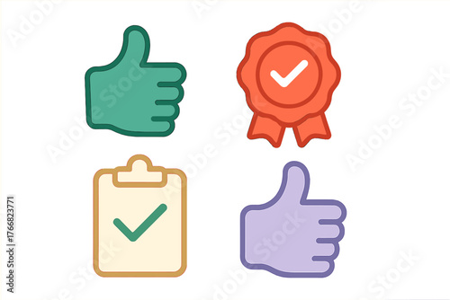 Approval symbols featuring thumbs up gestures, certified quality award badge, and completed checklist