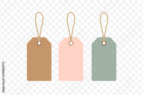 Three blank hanging price tags or gift labels with string loops in neutral pastel colors