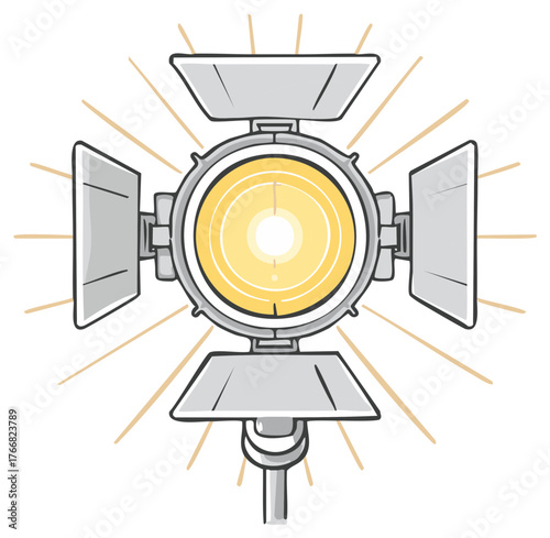 Cartoon illustration of studio lighting, floodlight with reflectors, light source, stage spotlight