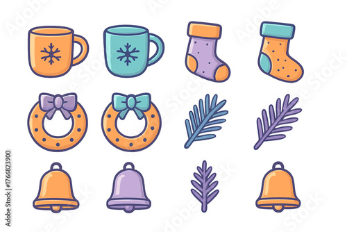 Colorful Christmas and winter holiday icons set with mugs, stockings, wreaths, and bells