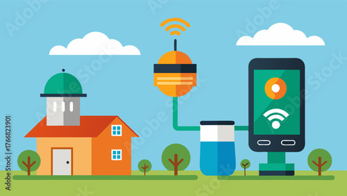 A feeder with a remote monitoring system allowing farmers to track feeding schedules and adjust them as needed from their mobile devices.. Vector illustration