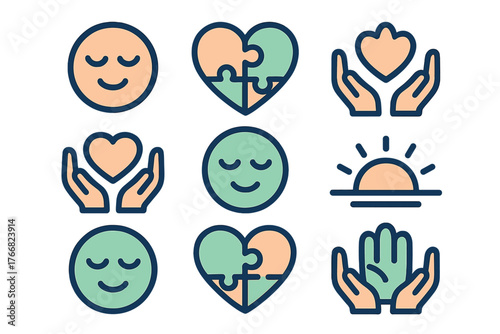 Collection of outline icons representing positive emotion, care, wellness, and hope symbols